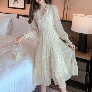 Lantern-sleeve Midi A-line Chiffon Dress