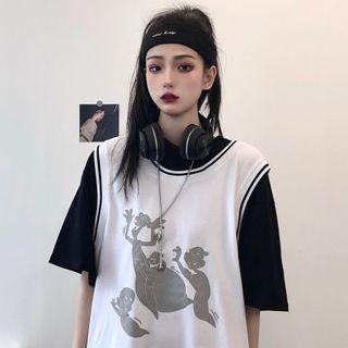Mock Two-piece Print Short-sleeve T-shirt White - One Size