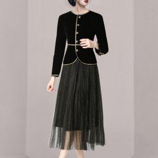 Set: Button Blazer + Sheer Midi A-line Skirt