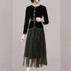 Set: Button Blazer + Sheer Midi A-line Skirt
