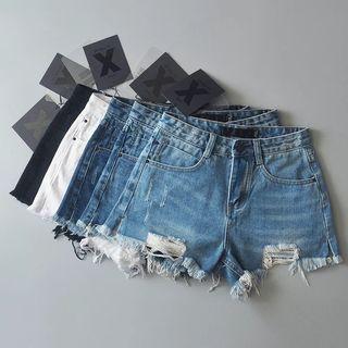 High-waist Distressed Washed Straight Denim Shorts