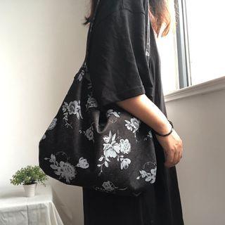 Floral Print Denim Shoulder Bag Black - One Size