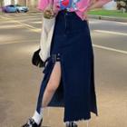 Frayed Denim Side-slit Midi A-line Skirt