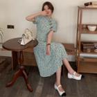 Short-sleeve Frog-button Floral Print Midi A-line Dress