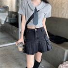 Short-sleeve Collared Top / Denim Mini A-line Skirt