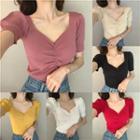 Plain V-neck Short-sleeve Slim-fit Knit Top