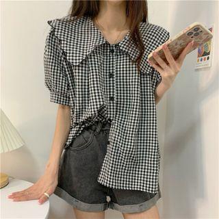 Collar Gingham Puff Short Sleeve Shirt Gingham - Shirt - One Size