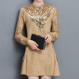 Lace Trim Sequined Long Sleeve Dress