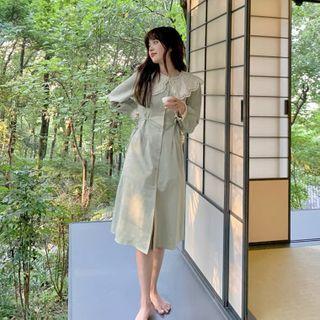 Long-sleeve Lace Trim Midi Collared Dress Pea Green - One Size