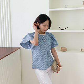Puff-sleeve Patterned Denim Blouse