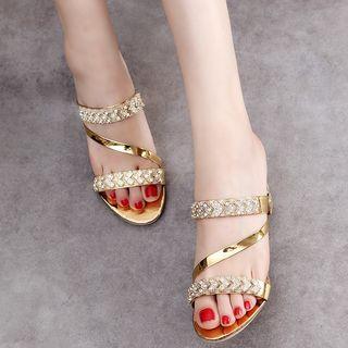 Chunky-heel Rhinestone Peep-toe Mule Sandals