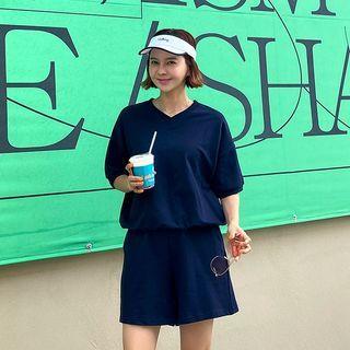 V-neck Sweatshirt & Sweatshorts Set Navy Blue - One Size