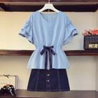 Set: Short-sleeve Chiffon Blouse + Mini A-line Denim Skirt
