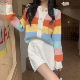 Striped Cardigan Rainbow Stripe - Pink & Tangerine & Yellow - One Size