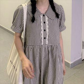 Short-sleeve Plaid Collared Midi A-line Dress Black & White - One Size