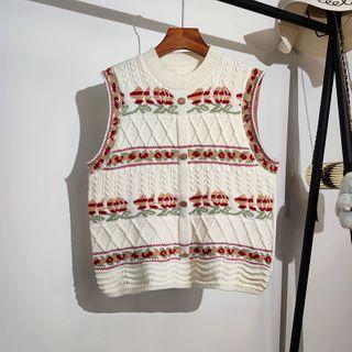 Round-neck Single-breasted Print Knit Vest