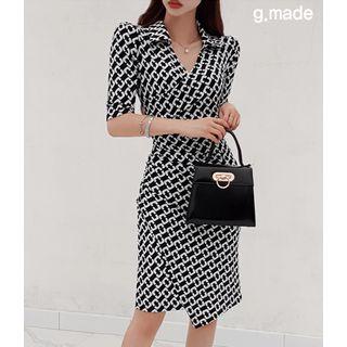 Shirred Patterned Midi Wrap Dress
