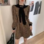 Long-sleeve Leopard Print Mini A-line Dress / Scarf