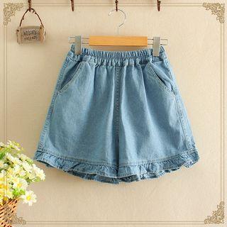 Frilled Hem Wide Leg Denim Shorts