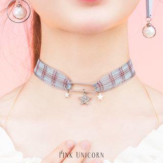 Star Pendant Plaid Choker Plaid - Blue - One Size