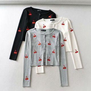 Long-sleeve Button-up Cherry Embroidered Knit Top