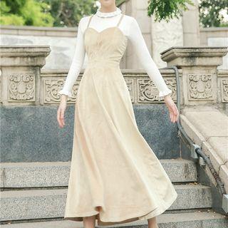 Ruffle-trim Long-sleeve Knit Top / Spaghetti Strap Velvet Maxi A-line Dress / Set