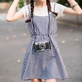 Set: Plain Short Sleeve T-shirt + Gingham Spaghetti Strap Dress