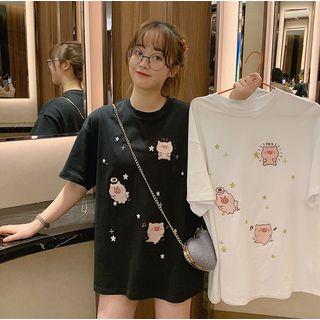 Elbow-sleeve Cartoon Pig Printed T-shirt