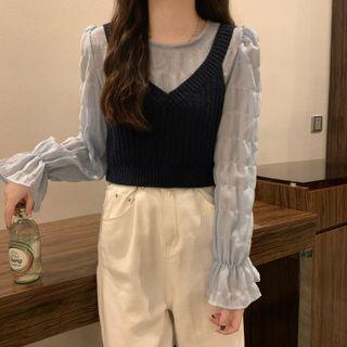 Long-sleeve Ruched Top / V-neck Cropped Knit Vest