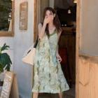 Tie-shoulder Floral Print Midi A-line Dress Green - One Size