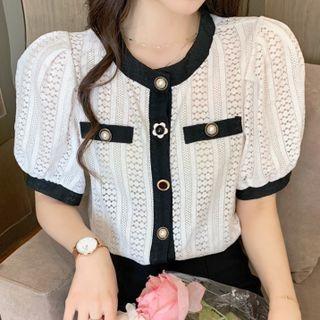 Short-sleeve Contrast Trim Button-up Lace Top