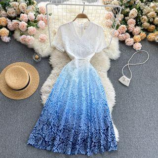 Short-sleeve Gradient Floral Lace Midi A-line Dress