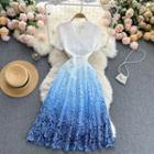 Short-sleeve Gradient Floral Lace Midi A-line Dress