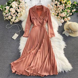 Long Sleeve Lapel Pleated Maxi Dress