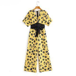 Floral Print Short-sleeve Wide-leg Jumpsuit