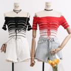 Boatneck Lace Up-front Striped Knit Top