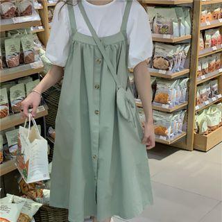 Puff-sleeve Plain Blouse / Button-up Overall Dress / Crossbody Bag / Set