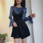 Long-sleeve Velvet Top / Strappy A-line Dress