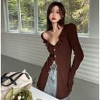 Ruffled Deep V-neck Long T-shirt