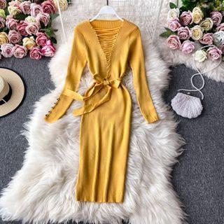 Plain Skinny Long-sleeve Knitted Dress