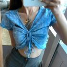 Short-sleeve V-neck Lace-up T-shirt Blue - One Size