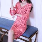 3/4-sleeve Gingham Sheath Dress