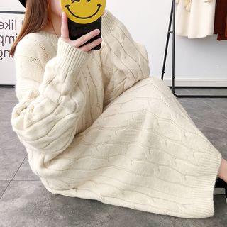 Plain Cable Knit V-neck Long Sleeve Midi Dress