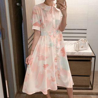 Collared Printed Short-sleeve Midi A-line Dress