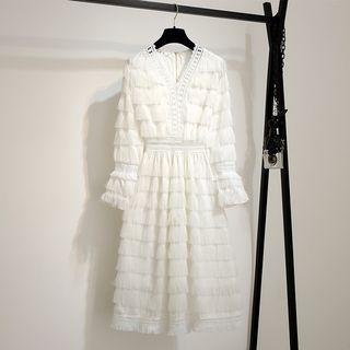 Long-sleeve Crochet Lace Panel Fringed Midi A-line Dress