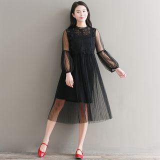 Set: Long-sleeve A-line Sheer Dress + Slipdress