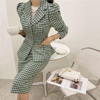 Set: Puff-sleeve Plaid Jacket + Midi Plaid Skirt