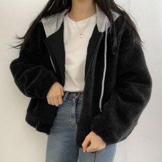 Paneled Fluffy Zip-up Hoodie