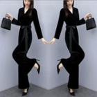 Set: Tie-front Velvet Blouse + Wide Leg Pants