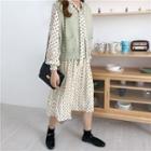 Dot Long-sleeve Loose-fit Dress Almond - One Size